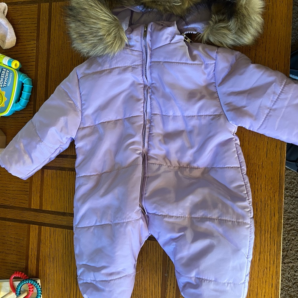 Lavender Baby Snowsuit with Faux Fur Hood